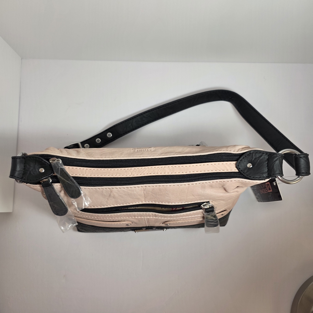 Stone Mountain Leather Shoulder Bag - Adjustable Strap Two-Tone Black and Blush - Picture 5 of 16